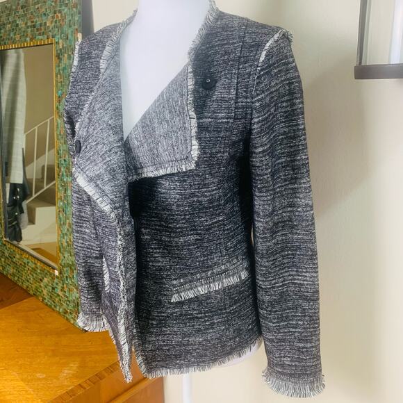 Banana Republic Sz S Asymmetrical Tweed Fringe Blazer Jacket Black Gray Career - Picture 3 of 9
